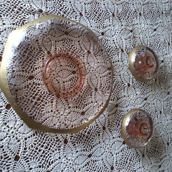 Pink Glass Vintage Bowl&Candle Holders